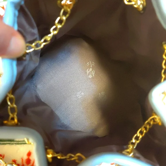 Blue Floral Faux Leather Bucket Bag with Brass Details - Picture 5 of 6